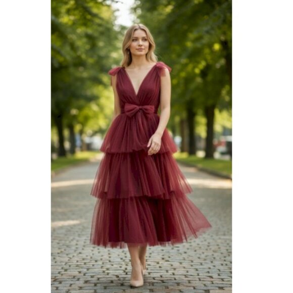 Lulus Dresses & Skirts - Lulus Flawless Arrival Burgundy Tulle Tie-Strap Tiered Maxi Dress Medium NEW NWT